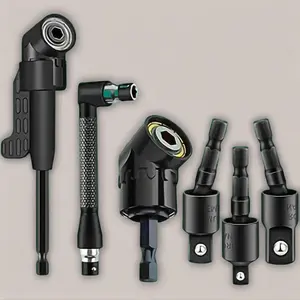 6-Piece Right-Angle Drill Attachment Set, Includes 3 360° Rotatable Socket Adapters, 2 Hex Shank Drill Adapters, 90° Beveled Drill Bits, Drill Tool