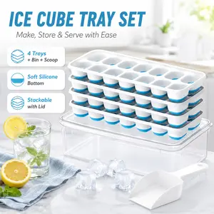 Ice Cube Trays with Lid and Bin, 4 Pack Silicone Ice Cube Tray with Storage box and ice scoop, Durable Stackable Ice Cube Trays for Freezer, Effortless to Remove Ice Cubes, Ice Storage Container, Easy Freezer Storage, for Drinks, Coffee, Cocktail