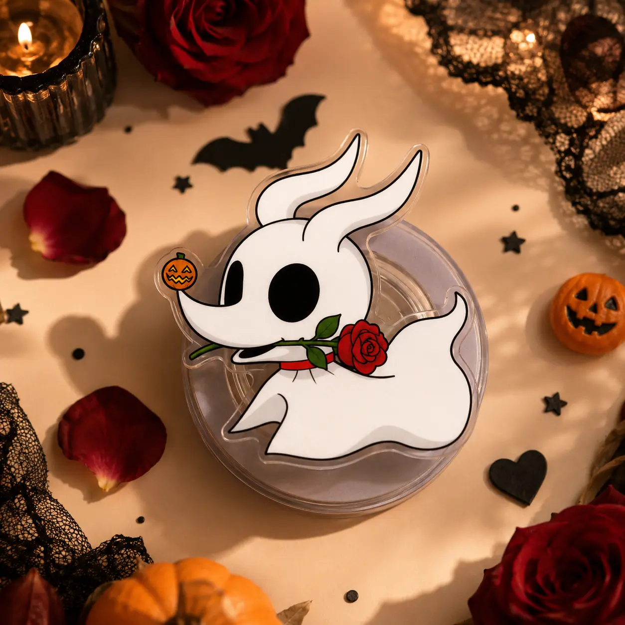 Romantic Ghost Dog MagSafe Phone Grip – Cute Halloween Acrylic Magnetic Phone Holder & Kickstand – Spooky Floral Phone Accessory