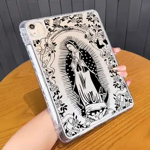 Virgin Mary Floral Pattern Ultra-Slim TPU Shockproof Anti-Scratch iPad Case with Built-in Pencil Holder, Lightweight Protective Cover Compatible with iPad 11" 2025, Pro 11th/10th Gen, 10.9" (2020/2021/2022), Air 3/4/5/6/7, 10.2", 9.7" (2017/2018), Pro 11"