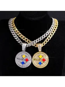 NFL Football Team Oil-Drip Round Pendant Alloy Rhinestone 11mm Cuban Chain Necklace