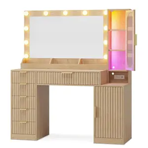 Sikaic Fluted Makeup Vanity with Charging Station and RGB Lights Modern Dressing Table with 31.5" Mirror, 6 Drawers, Cabinet and Shelves