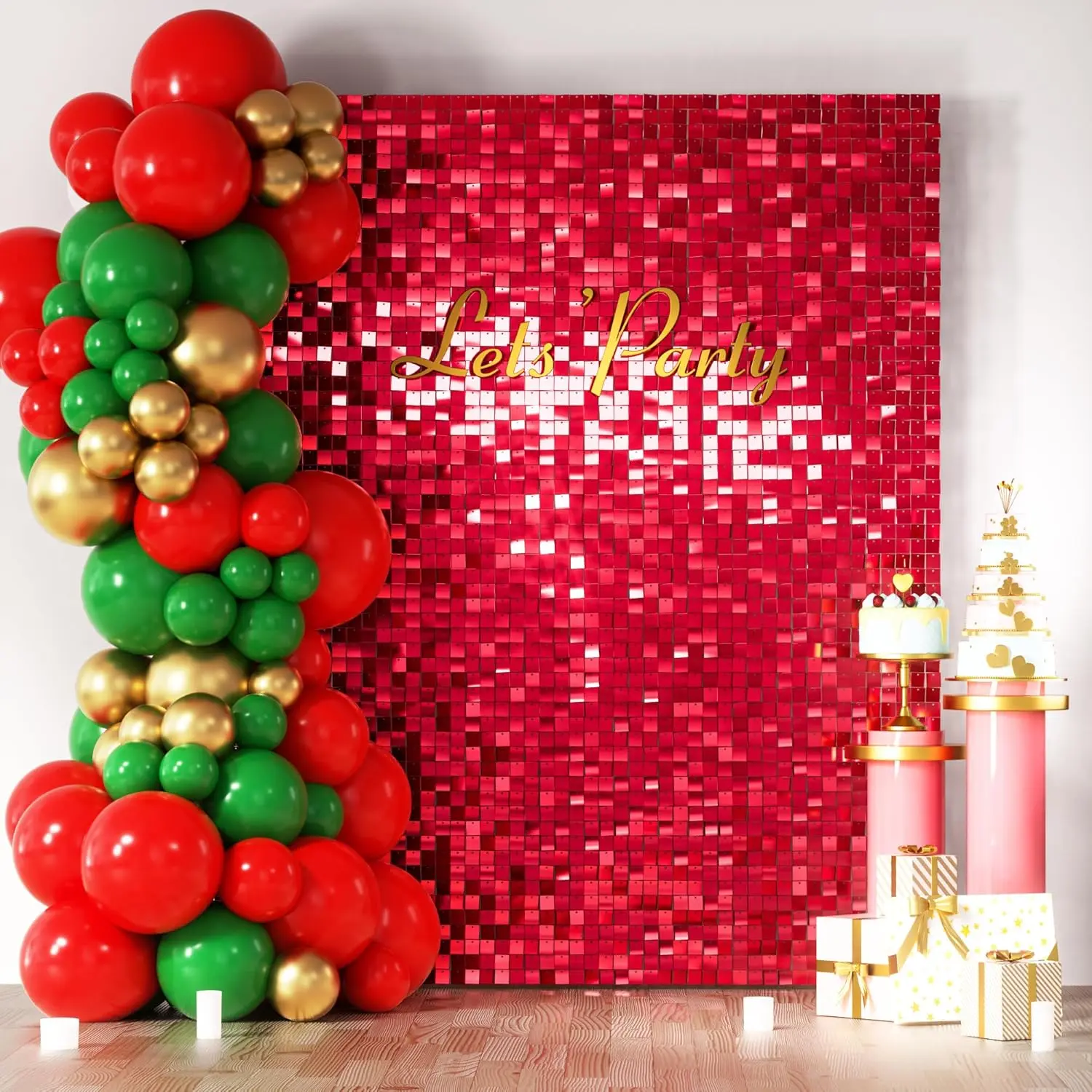 Red Shimmer Wall Backdrop, 24/30/36/49PCS Square Sequin Shimmer Backdrop Panel, Photo Backdrops for Birthday, Anniversary, Wedding, Graduation & Bachelorette Party Decoration