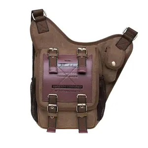 KAUKKO Mens Vintage Canvas Shoulder Messenger Bag Chest Leather Patchwork