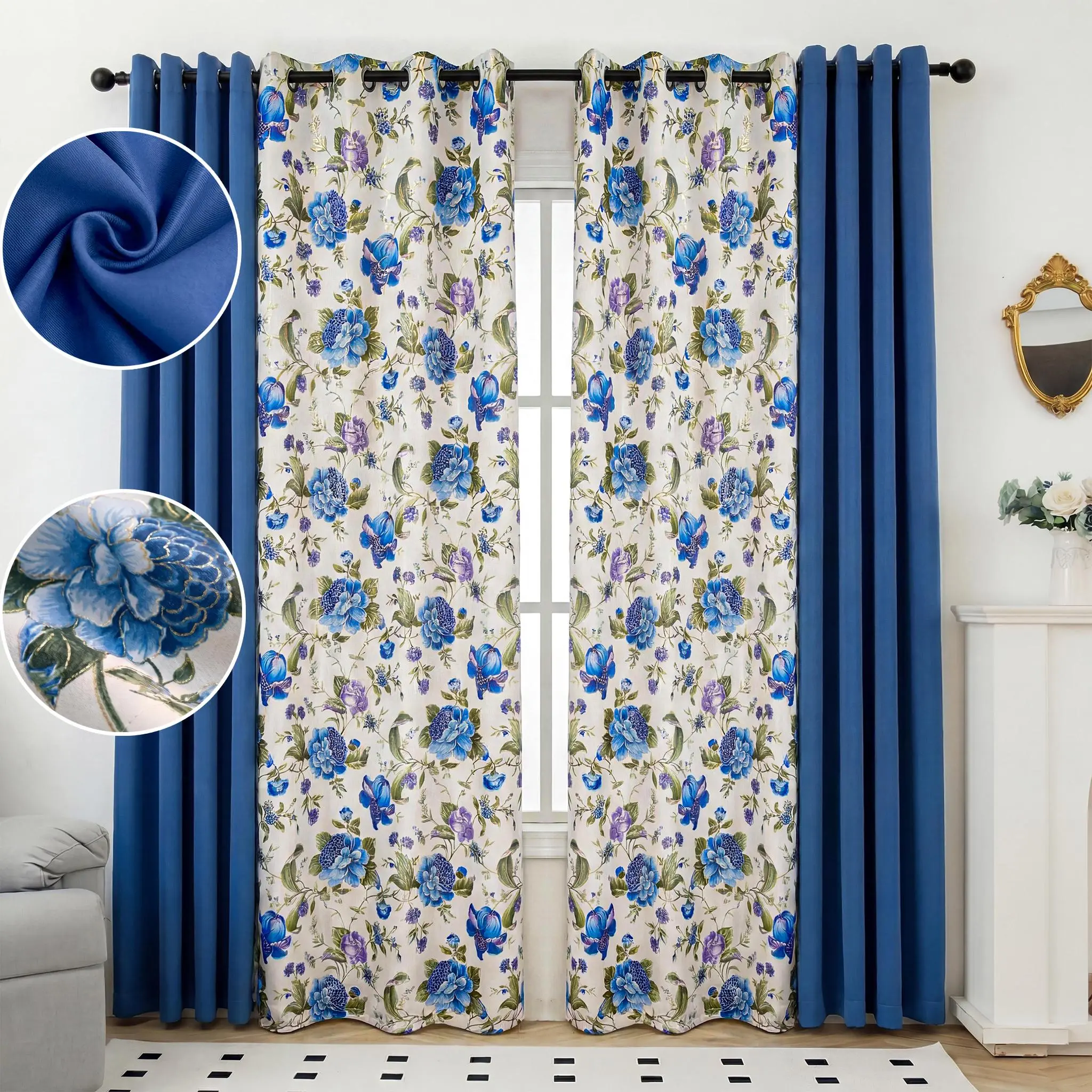 4 Panels Combination Including: 2 Panels Metallic Printed Full Blackout Curtains & 2 Panels Solid Full Blackout Curtains 54x84 inch, Living Room Bathroom Grommet Summer gift Thermal Insulated Noise Reducing Light Blocking holiday decoration bedroom uv