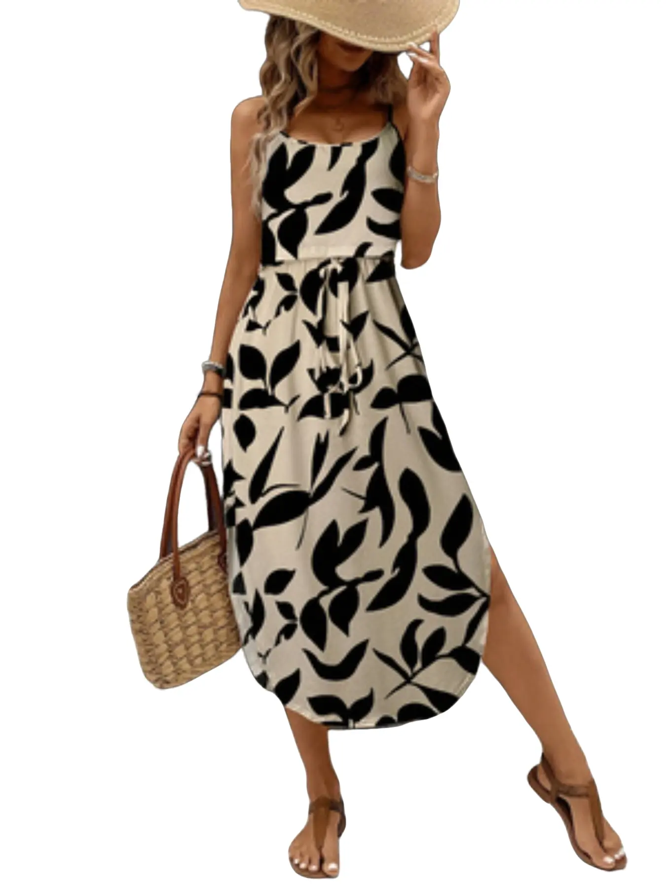 Boho Bohemian Leaf Print Spaghetti Strap Midi Dress, Adjustable Waist A-Line Split Hem, Sleeveless Slim-Fit Daily Wear, All Seasons Summer Chic Fashion Casual Wear, Boho Summer Dresses, Casual Beach Sundress