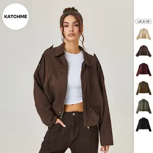 KatchMe Women's Winter Vintage Solid Color Collared Zipper Long Sleeve Jacket, Cozy Oversized Outerwear for Lady, Versatile Loose Daily Wear