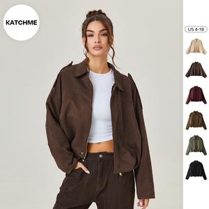 KatchMe Women's Winter Vintage Solid Color Collared Zipper Long Sleeve Jacket, Cozy Oversized Outerwear for Lady, Versatile Loose Outfits for Daily Wear, Soft Womenswear
