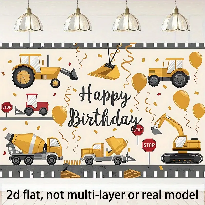 1pc Construction Vehicle Birthday Party Invitation - Durable Polyester Backdrop with Excavator, Dump Truck, and Balloons, Ideal for Classroom, Office, and Activity Decorations, Photo Booth Props, Home Decor, Classroom Decor | Construction Theme | Durable