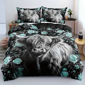 2D Print Cow Pattern, 100% Polyester Soft Breathable Fabric, Comfy Bed Sets, All Seasons, Decorative Bedsheet Sets, Polyester Bedding Set, Includes 1 Fitted Sheet + 2 Pillowcases