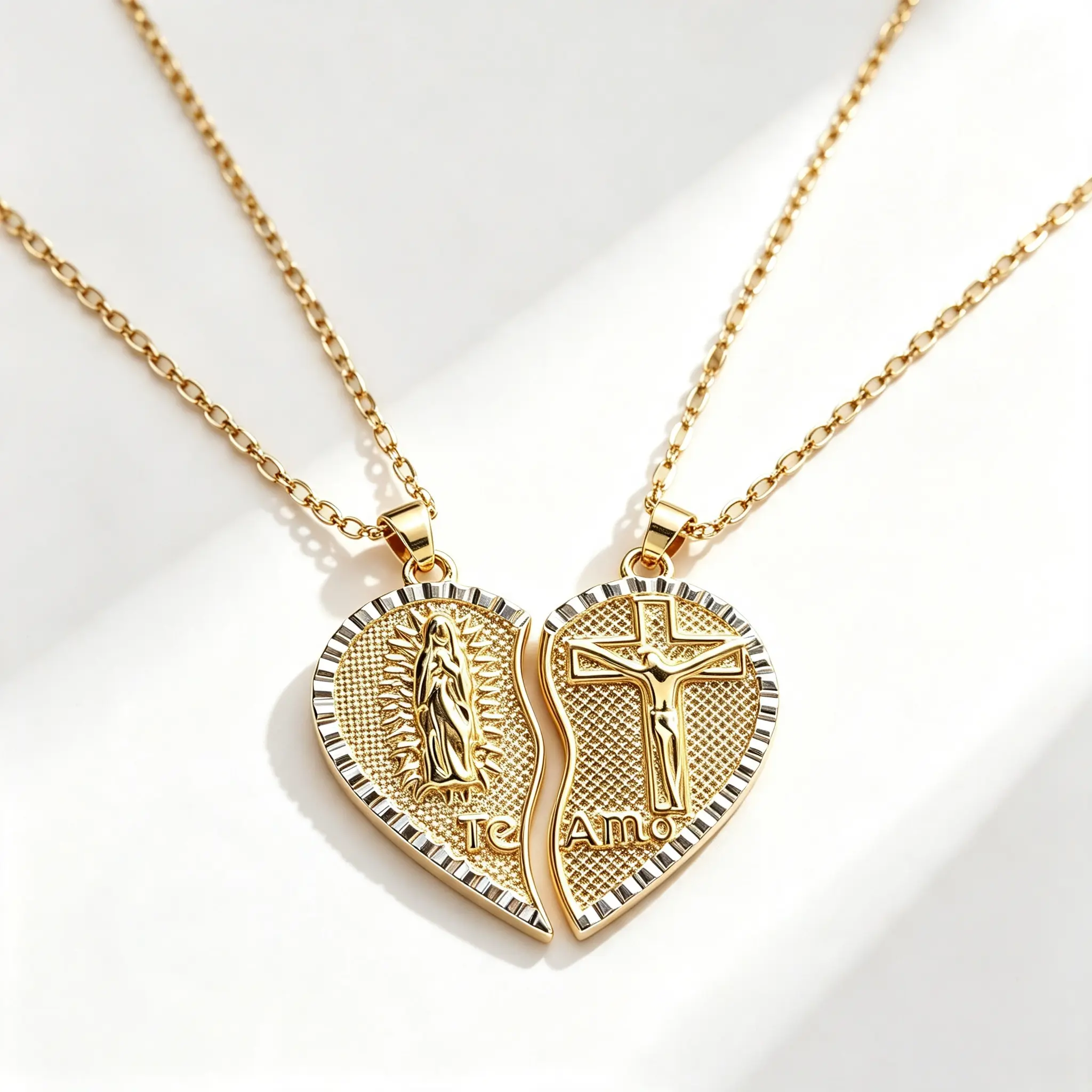 Split Magnetic Heart Couple Necklaces, Vintage 2-Tone Virgin Mary Crucifix Pendant Set, Te Amo Matching Jewelry Gift For Anniversary Valentine’s Day
