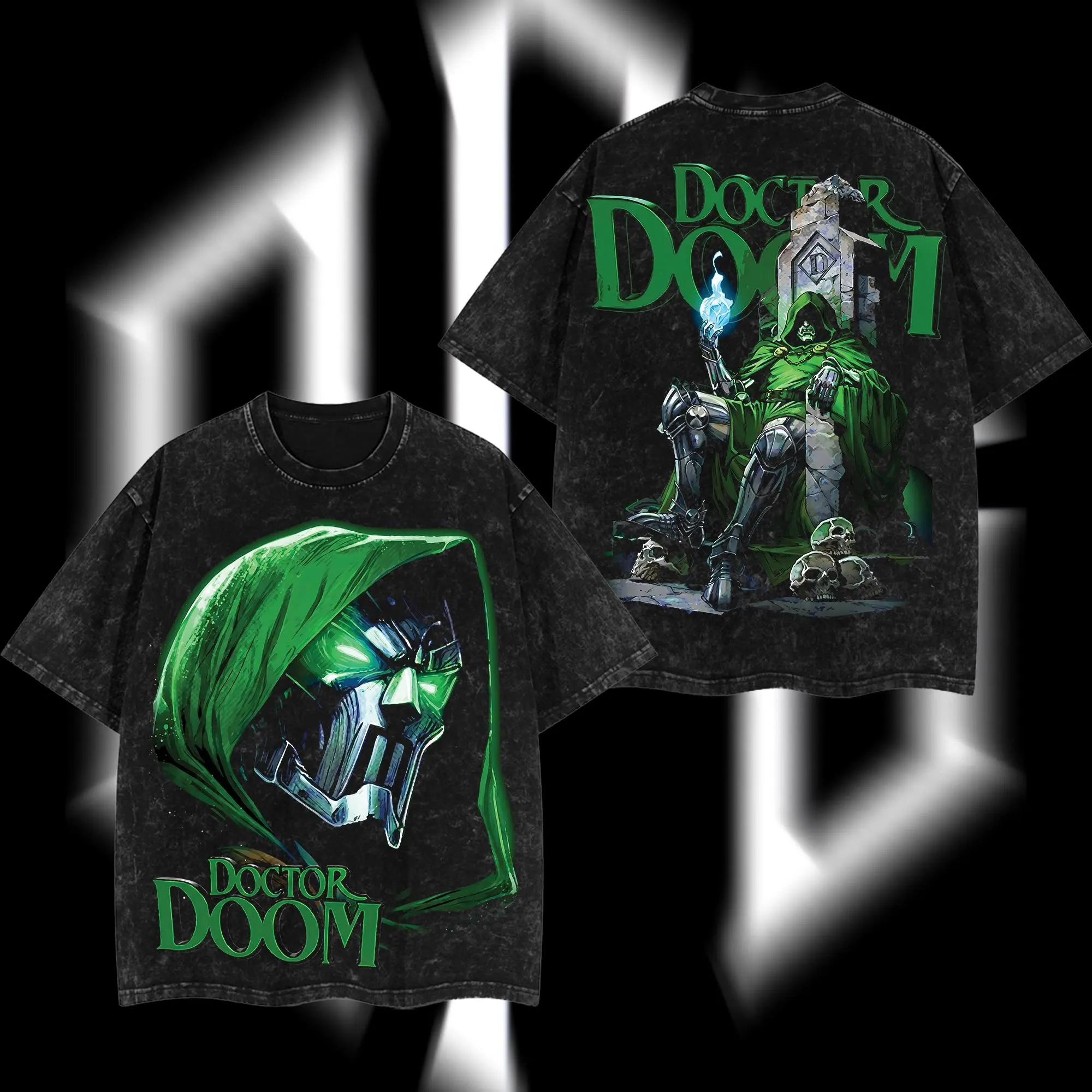 SuperStyle Dr.Doom "The Masked Tyrant" MCU Edition Oversize Seamless Soft Shortsleeve Cotton T-Shirt, Double-Printed Acid-Washed Lightweight Apparel, Round Neck Black Comic Superhero TV Series Graphic Streetwear (Menswear), Oversized, Casual