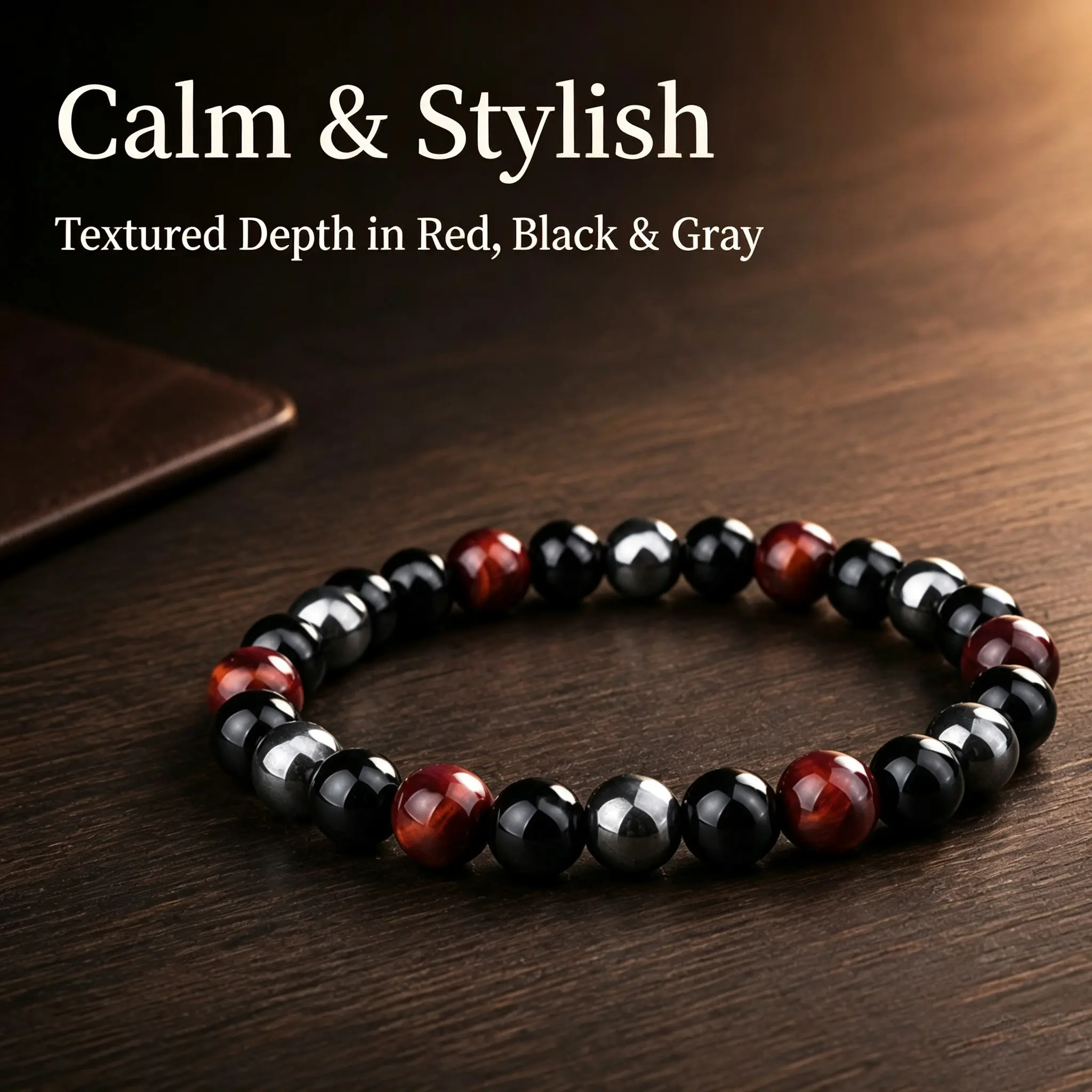 Men's Beaded Bracelet Healing Protection Natural Red Tiger Eye Hematite Black Onyx Stress Relief Energy Crystal Jewelry Daily Casual Gift