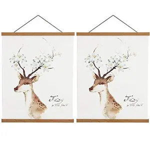 2 Pack Magnetic Poster Hanger Frame, 8x10 8x12 8x24 Light Wood Wooden Magnet Canvas Artwork Print Dowel Poster Hangers Frames Hanging Kit (Teak Wood, 8", 2 Packs)