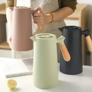 1L Large Capacity Insulated Water Kettle with Wooden Handle Long Lasting 24 Hour Cold Hot Insulation Double Layer Vacuum Glass Inner Tank Suitable for Hot Cold Drinks RV Camping Picnic Office Travel Coffee Pot