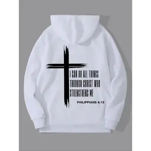 Men’s Cross & Letter Print Drop Shoulder Hoodie, Casual Fashion Pullover with Drawstring Pocket, Regular Fit Streetwear Sweatshirt for Men, Y2K Vintage Aesthetic, Oversized Unisex Hoodie, Daily Wear, Fall & Winter, TikTok Trend