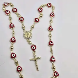 VIRGIN MARY rosary necklace RED  EYE COLORS HEARTS small size 18 inches (medida chica)
