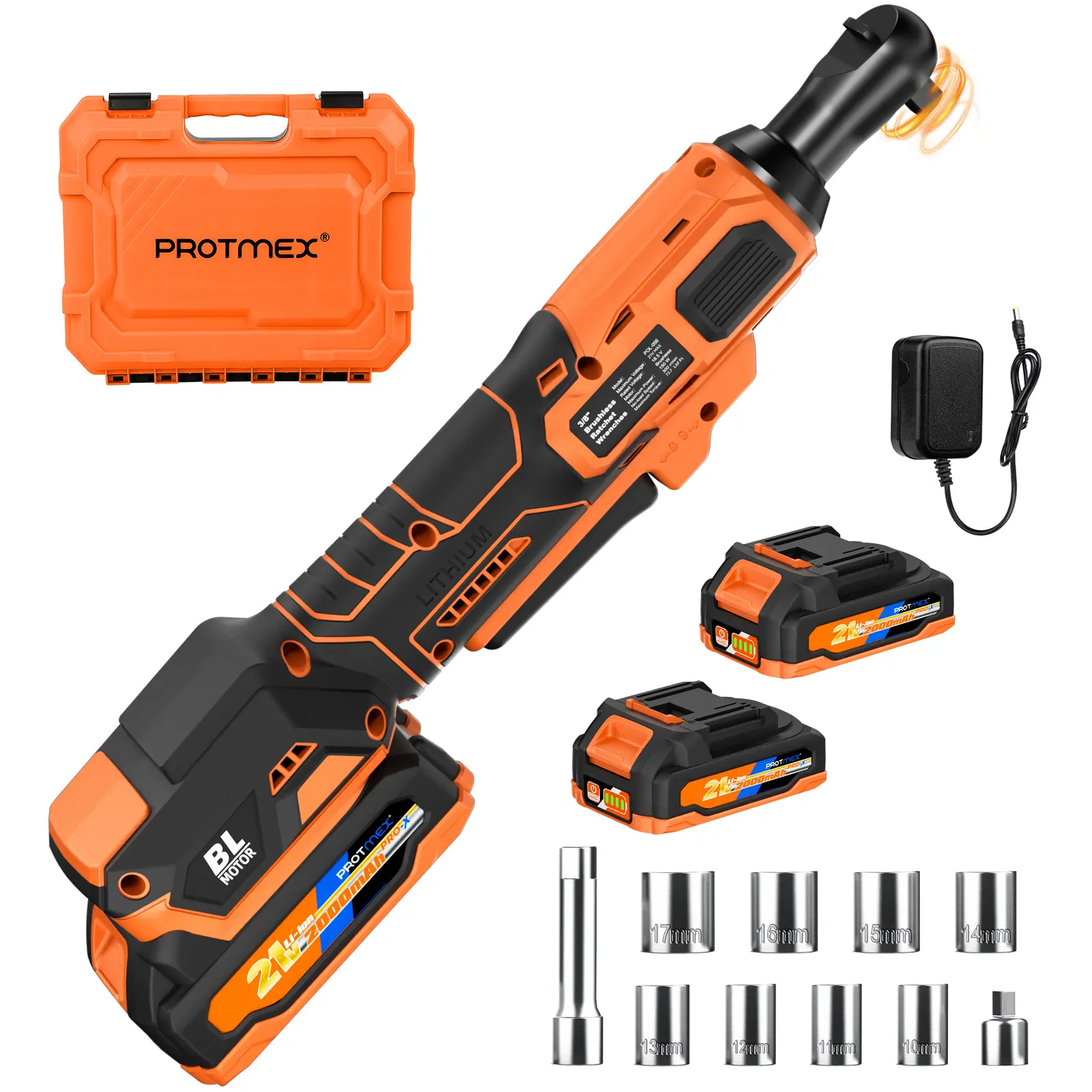 74Ft-lbs (100N.m) Cordless Ratchet Wrench, 3/8'' Brushless Electric Ratchet with 21V 2.0Ah Battery, 0-400RPM Chargeable Power Ratchet Tool Kit with Variable Speed Trigger