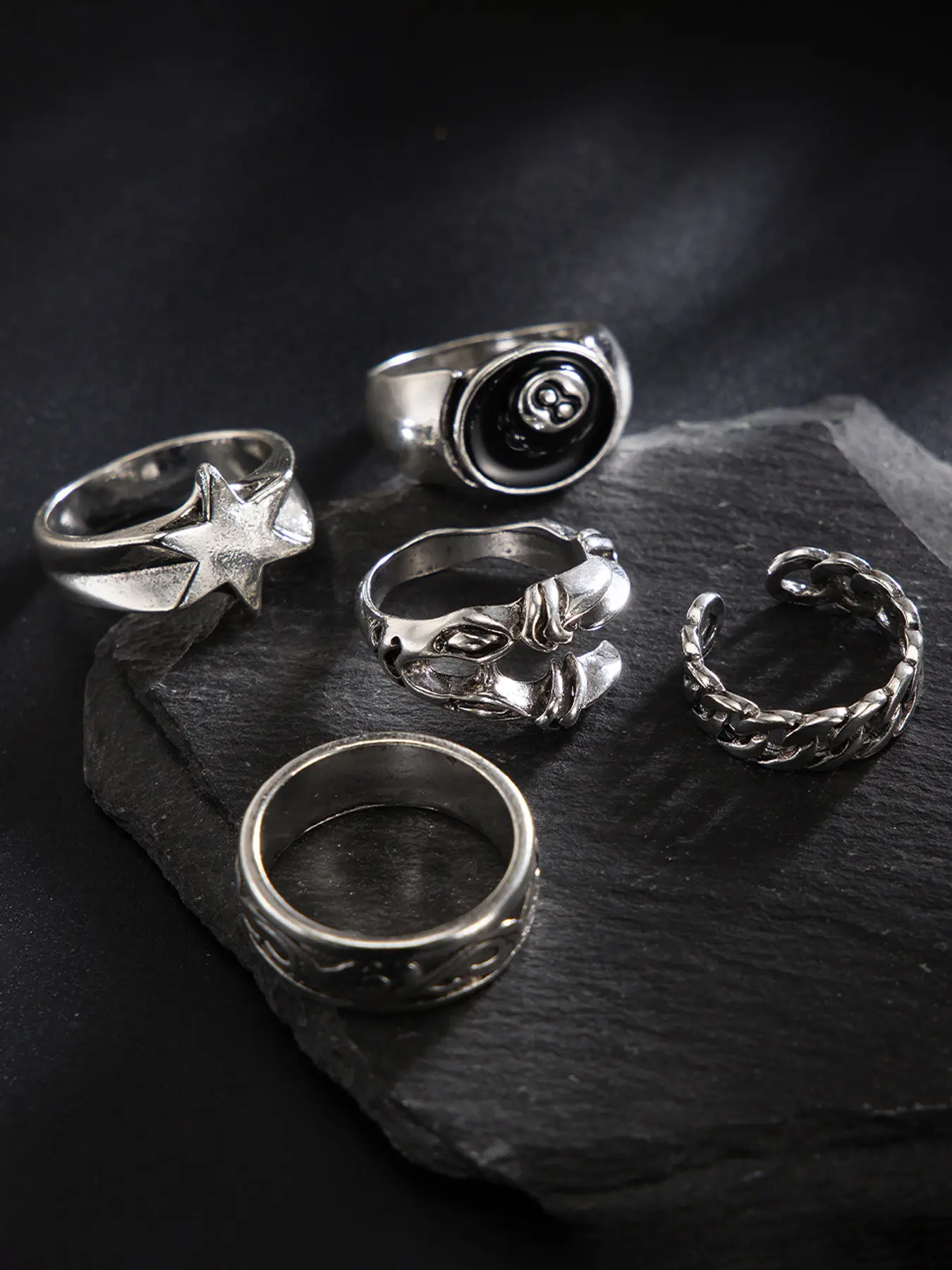 5-piece punk-style antique silver eagle claw ring set, retro punk style rings, designed with 8-ball, hexagram and eagle claw elements, antique silver unisex jewelry, Dark Aesthetic Rings, Unique Rings