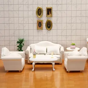 1:12 Mini Furniture Model Living Room Micro Scene White Fabric Sofa 3 Piece Set With 4 Pillows Shooting Prop Model Ornaments