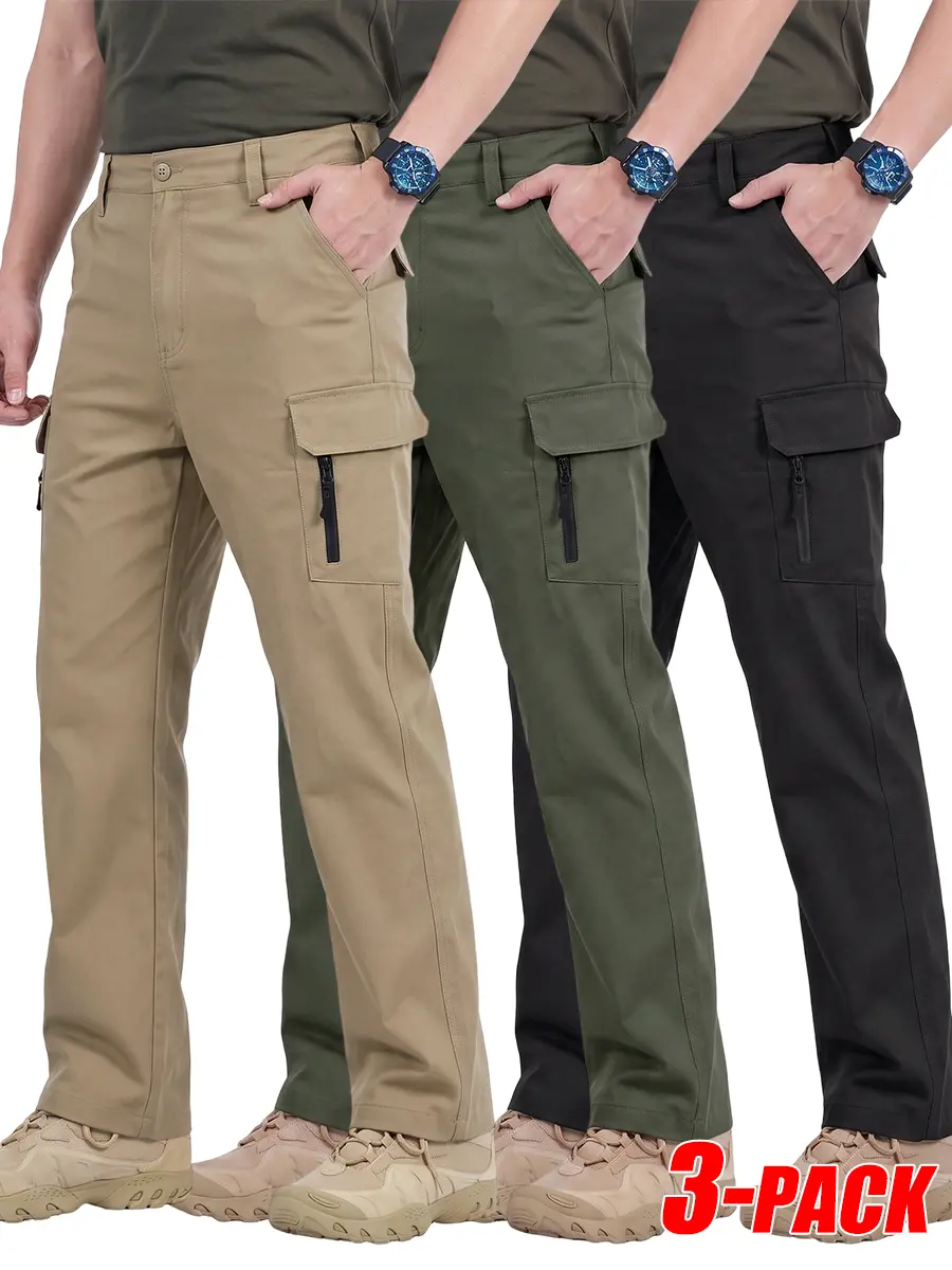 3-PACK Solid Color Tactical Cargo Pants For Men, three protection wind water stain repellent durable material, zipper side cargo pockets straight fit outdoor hiking travel casual bottoms