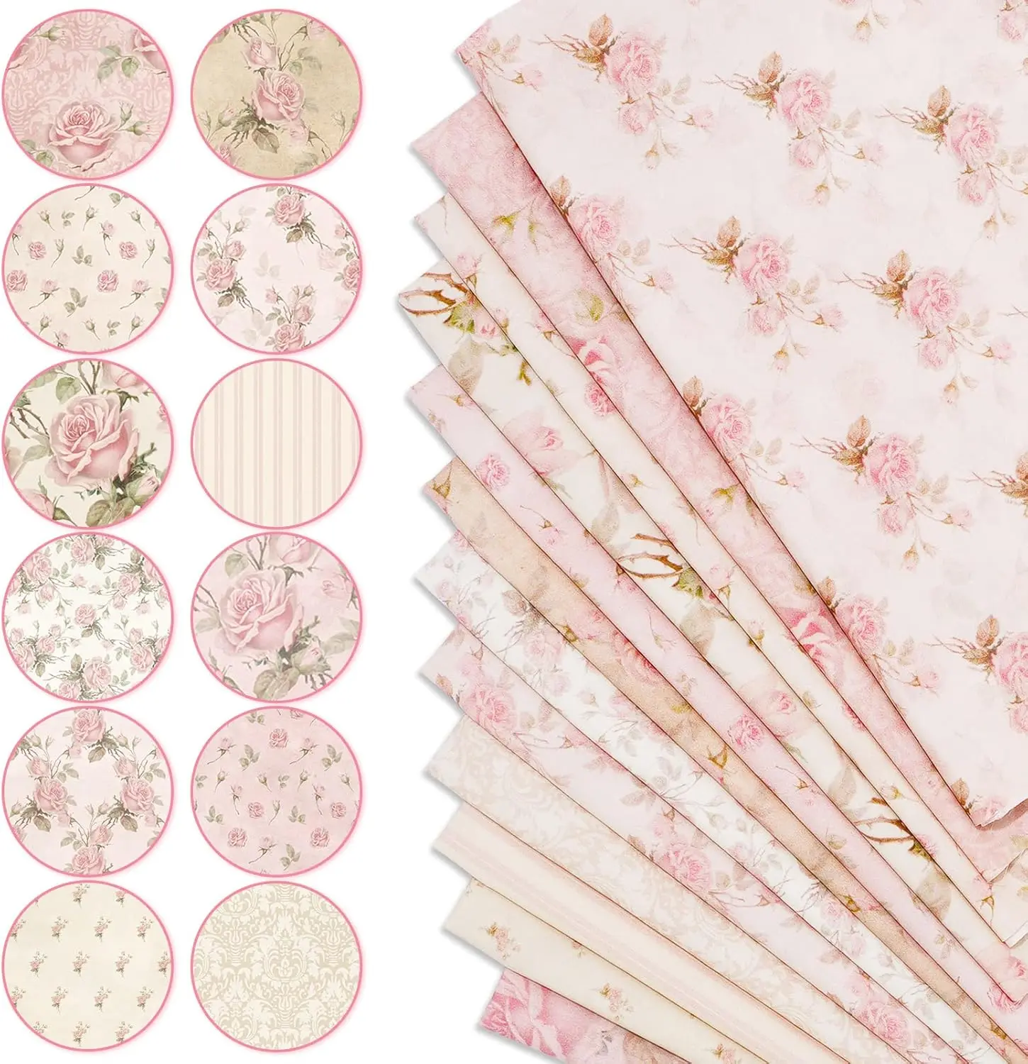 12 Pieces Floral Cotton Fabric Bundle, 20 X 20 Inch Pink Rose Flower Quilting Square Fabric Retro Printed Fat Quarters Patchwork Sewing Fabrics for DIY Crafts Handmade Sewing Home Party Decor