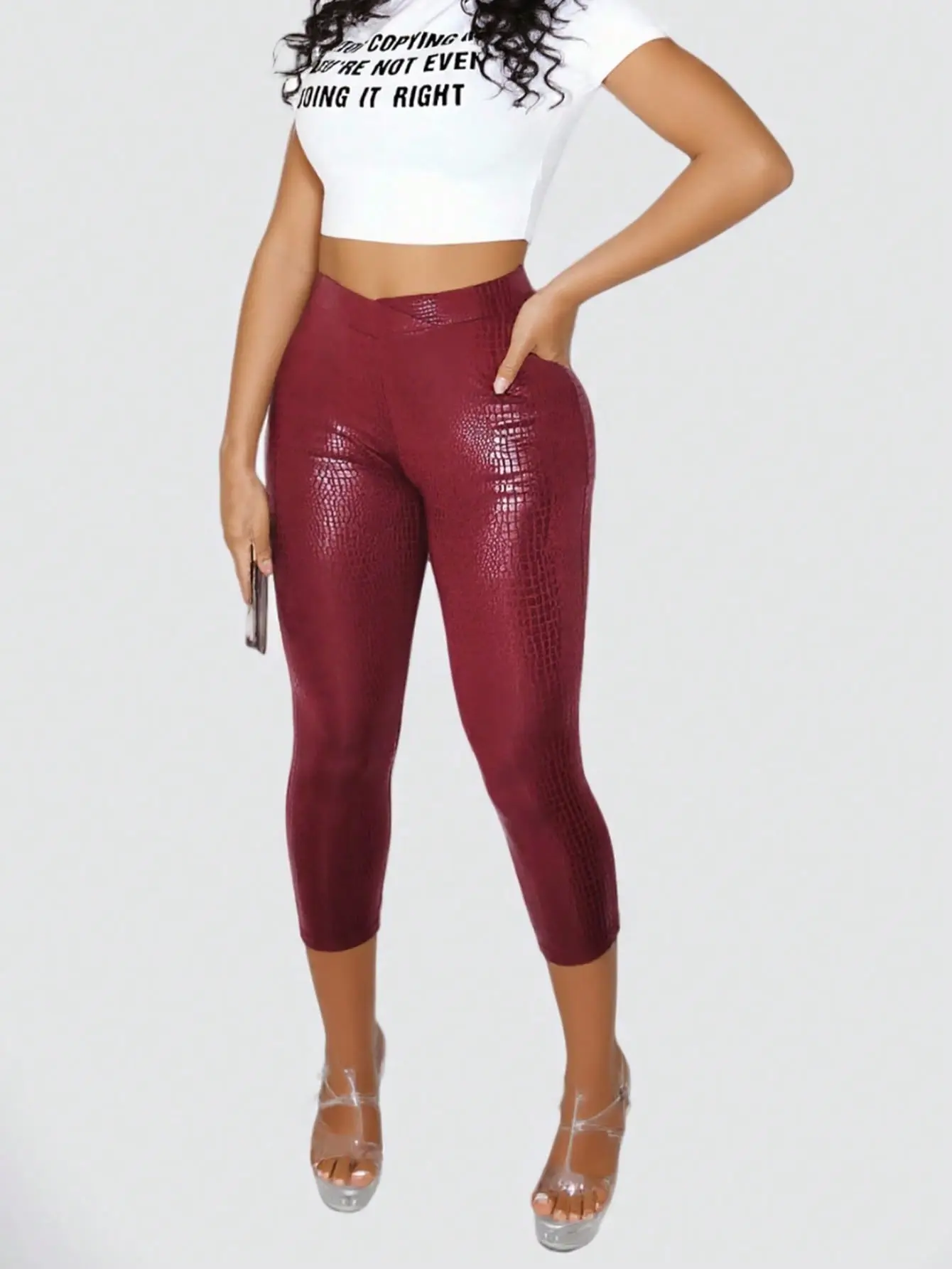 Women's Sexy PU Coated Polyester Leggings, Bodycon Fitted Skinny Capri Pants for Stylish Events, M, Super Stretchy Leggings, Fashion, Chic, Cropped, Fabric, Trouser, Casual, Bodycon Design, Pu Coated Fabric, Bottom, Capri Leggings