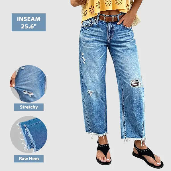 Flamingals Wash Raw Hem Ripped Mid Waist Straight Leg Crop Jeans Without Belt Stretchy 25.4'' Inseam