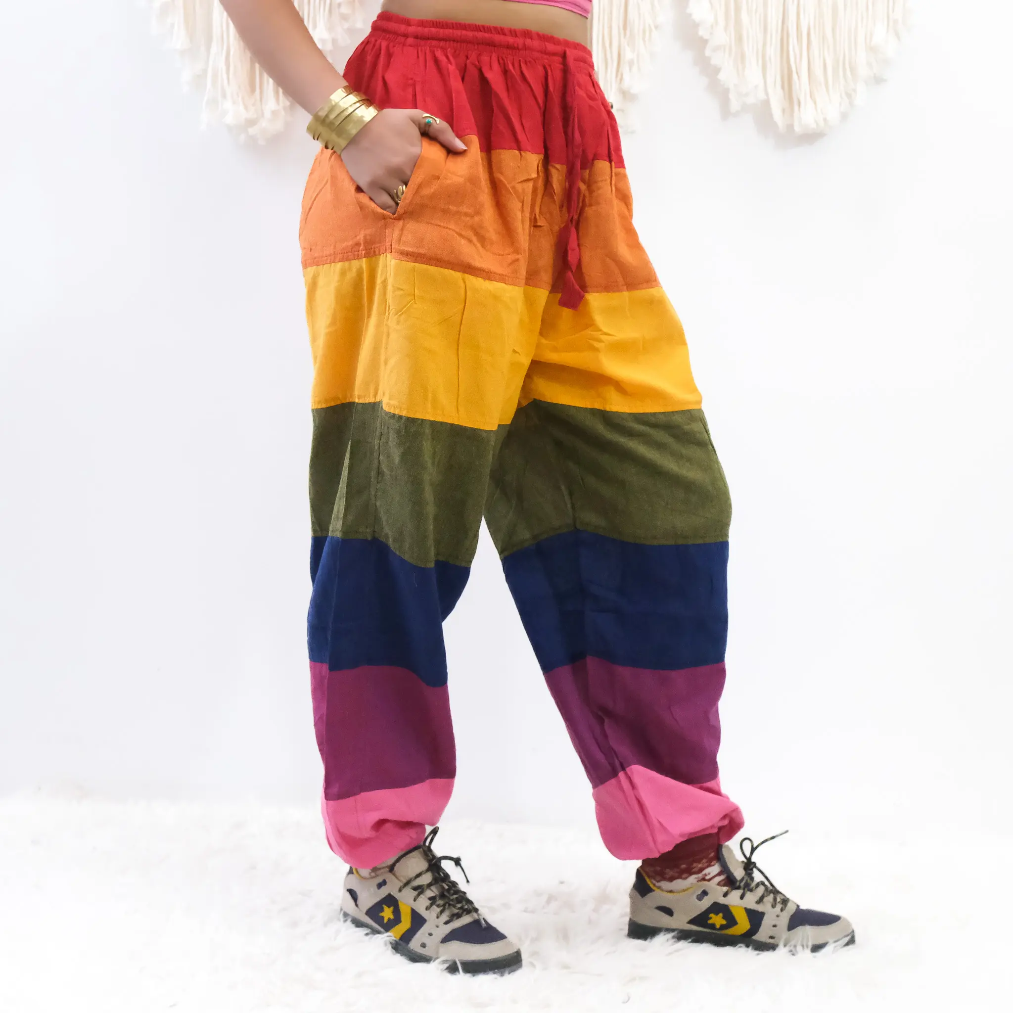 Pride Rainbow Cotton Harem Pants , Unisex Baggy Pants with Pockets, Festival Harem Trousers