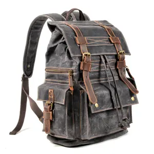 Vintage Men's Waxed Canvas Travel Laptop Backpack Outdoor Casual Crazy Horse Leather Hiking Bag with Multiple Pockets
