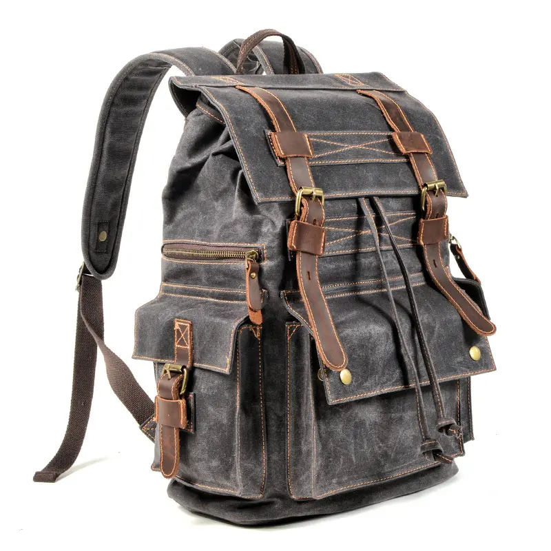 Retro Waxed Canvas Backpack for Men, Plain Rucksack with Crazy Horse Leather Trim, Multifunctional Travel Bag for Everyday Carry, Holiday Gift for Boyfriend, Father, Multifunctional Travel Backpack, Laptop Rucksack
