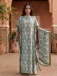 Elegant All-Over Printed Set, Fitted Long Dress & Shawl Scarf, Beach Sun Protection Silk Wrap, Casual Style for Women, All Seasons