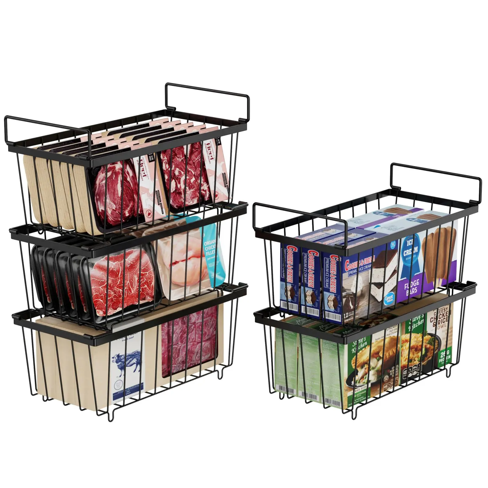 5 Pack Freezer Organizer - Stackable Deep Freezer Organizer Bins for 7 Cu.FT Chest Freezer Sort Frozen Meats Fishes, Stackable Freezer Baskets with Handle Add Space Easy to Reach, Black