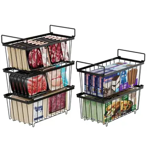 5 Pack Freezer Organizer - Stackable Deep Freezer Organizer Bins for 7 Cu.FT Chest Freezer Sort Frozen Meats Fishes, Stackable Freezer Baskets with Handle Add Space Easy to Reach, Black