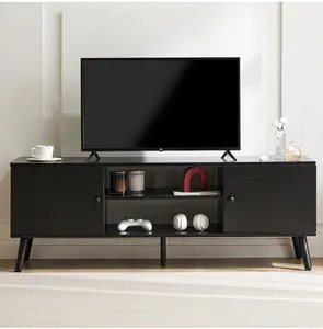Mid-Century Modern Wooden TV Stand for 55-60” TVs, 2 Storage Cabinets, Adjustable Shelf, Cable Management, Sturdy Legs, Easy Assembly, Black