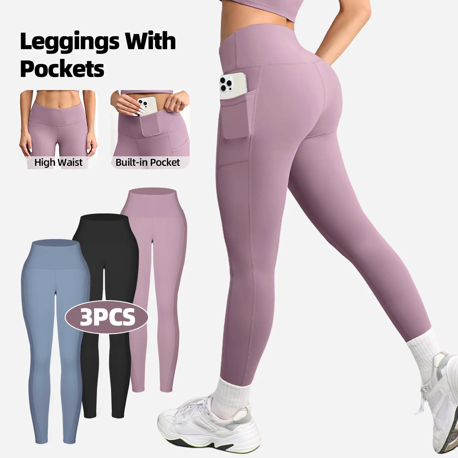 【Fabric upgrade】CHRLEISURE 3PCS High Waist Pants With Pockets Running Yoga Leggings for Women Workout Leggings with Pockets Spandex For Gym Skinny Sportswear