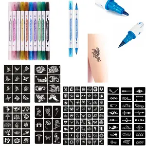 Temporary Tattoos Stencils Kits,10 Assorted Colors Body Markers + 131 Large Tattoo Stencils Cosmetic-Grade Temporary Fake Tattoo for Adults Girls Women Kids Teenager Man