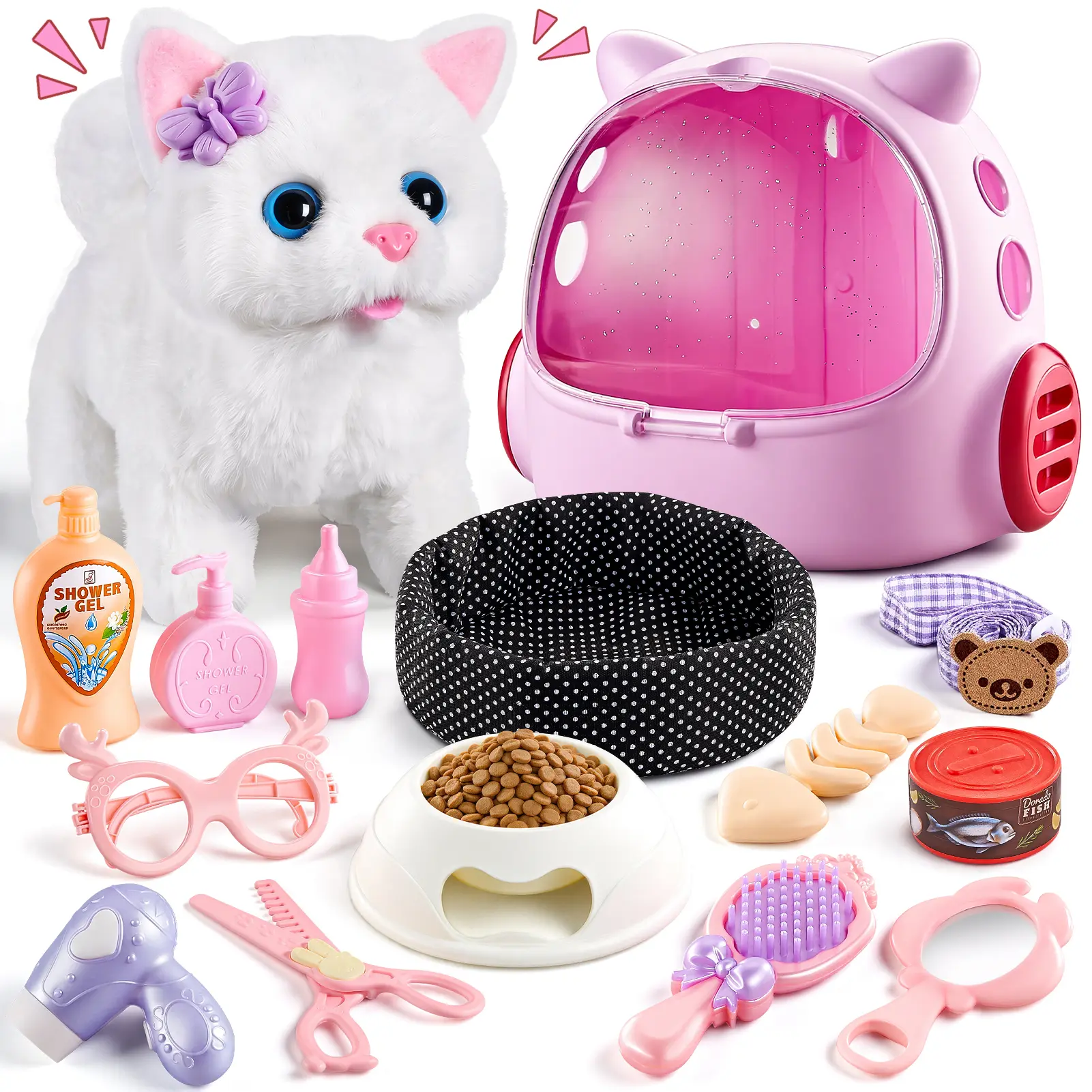 16-Pcs Unisex Kids Pet Care Grooming Playset - Electric Walking Plush Kitten, Toy Carrier, Plastic Feeding Accessories, Animals & Nature Themed Kids Toys for 3-4 Years Olds, Ideal Birthday Gifts for Girls & Boys