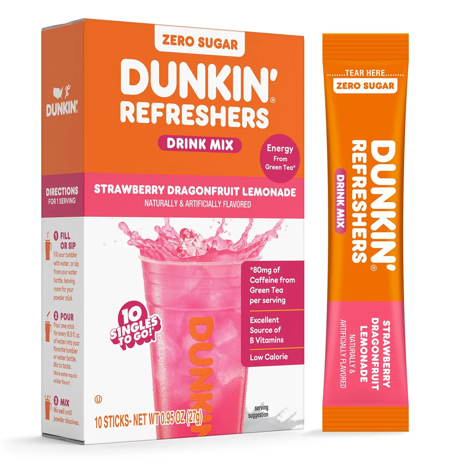 Dunkin' Refreshers, Strawberry Dragonfruit Lemonade, 10 Ct | Sugar Free Loaded Tea Packets with Caffeine, Energy from Green Tea, Aspartame-free, Just add Water, Energy Drink Alternative Beverage Powder