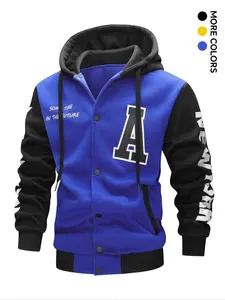 Men's Colorblock Letter Print Drawstring Button Front Hooded Jacket, Regular Fit Casual Pocket Long Sleeve Outerwear For Spring & Fall, Men's Clothes For Daily Wear, Casual Street Wear, Hoodie Sweatshirt, Letter Graphic Hoodie