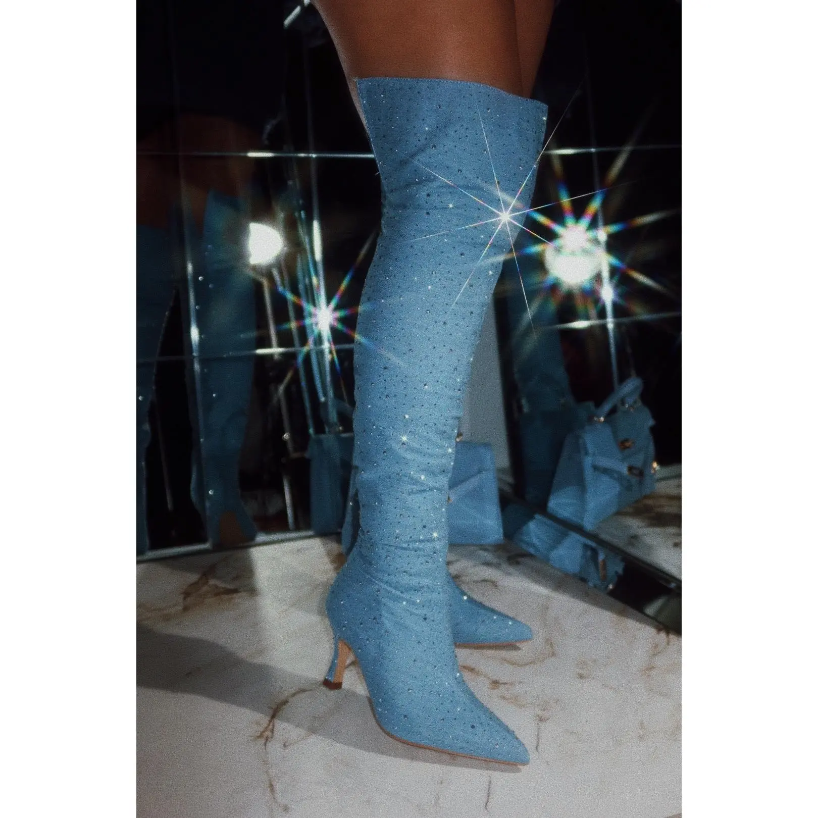 Shine Bright Embellished Over The Knee Heel Boots - Denim
