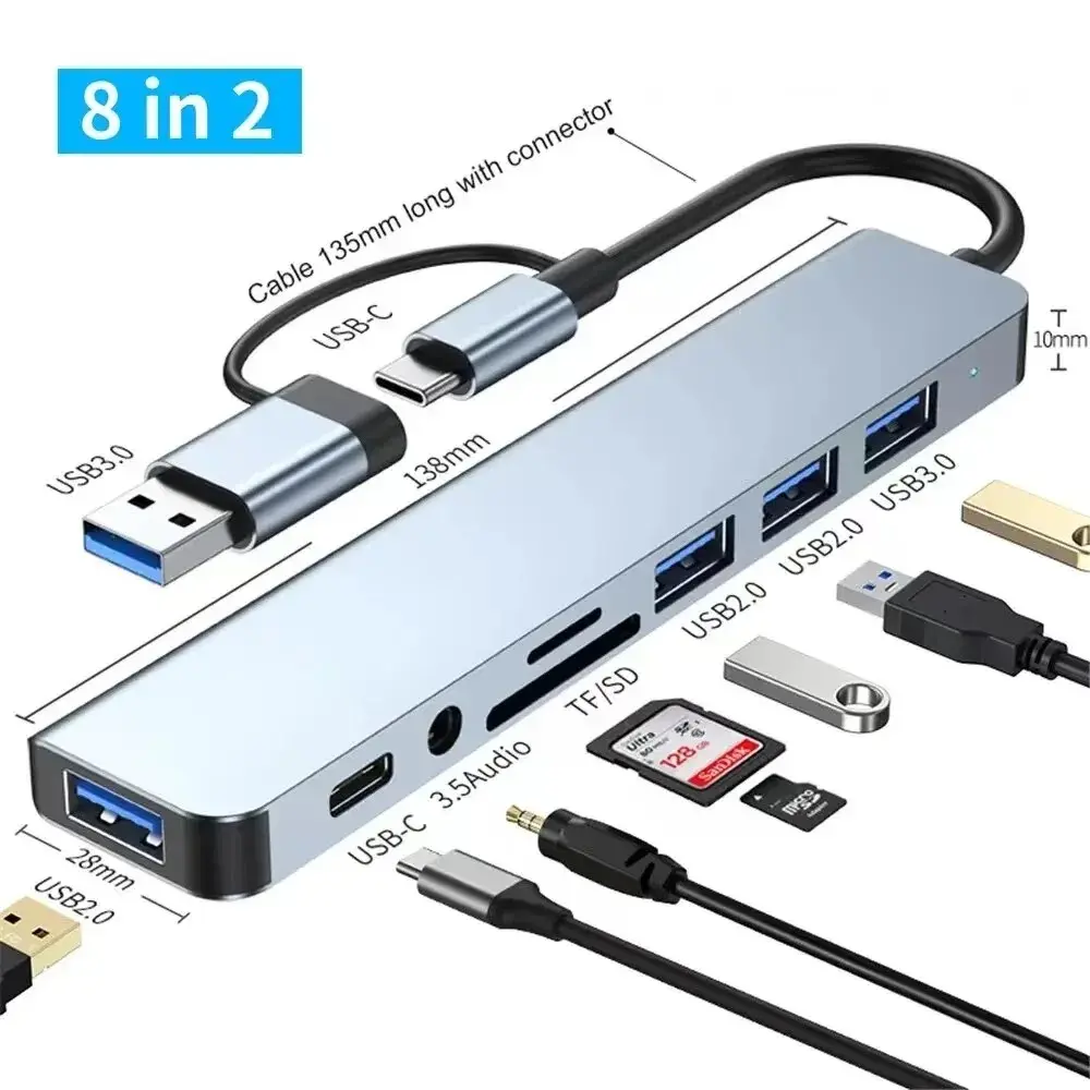 8-in-2 USB Hub Adapter, Multi-Port Dock Station with USB C/A, SD Card Reader, 3.5mm Audio, Compatible with MacBook, iPad