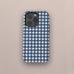 Blue Stripe Plaid Phone Case, Gingham Phone Collage Case Cover for iPhone 17 16 15 14 13 12 11 Pro Max, Samsung Galaxy S25 S24 S23 S22 Ultra