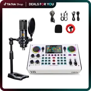 C100PRO audio mixer, 48V digital live sound card, dual DSP chips, high sampling, 3 custom effects, sing along, instrument reverb, digital display, noise reduction, RGB lights