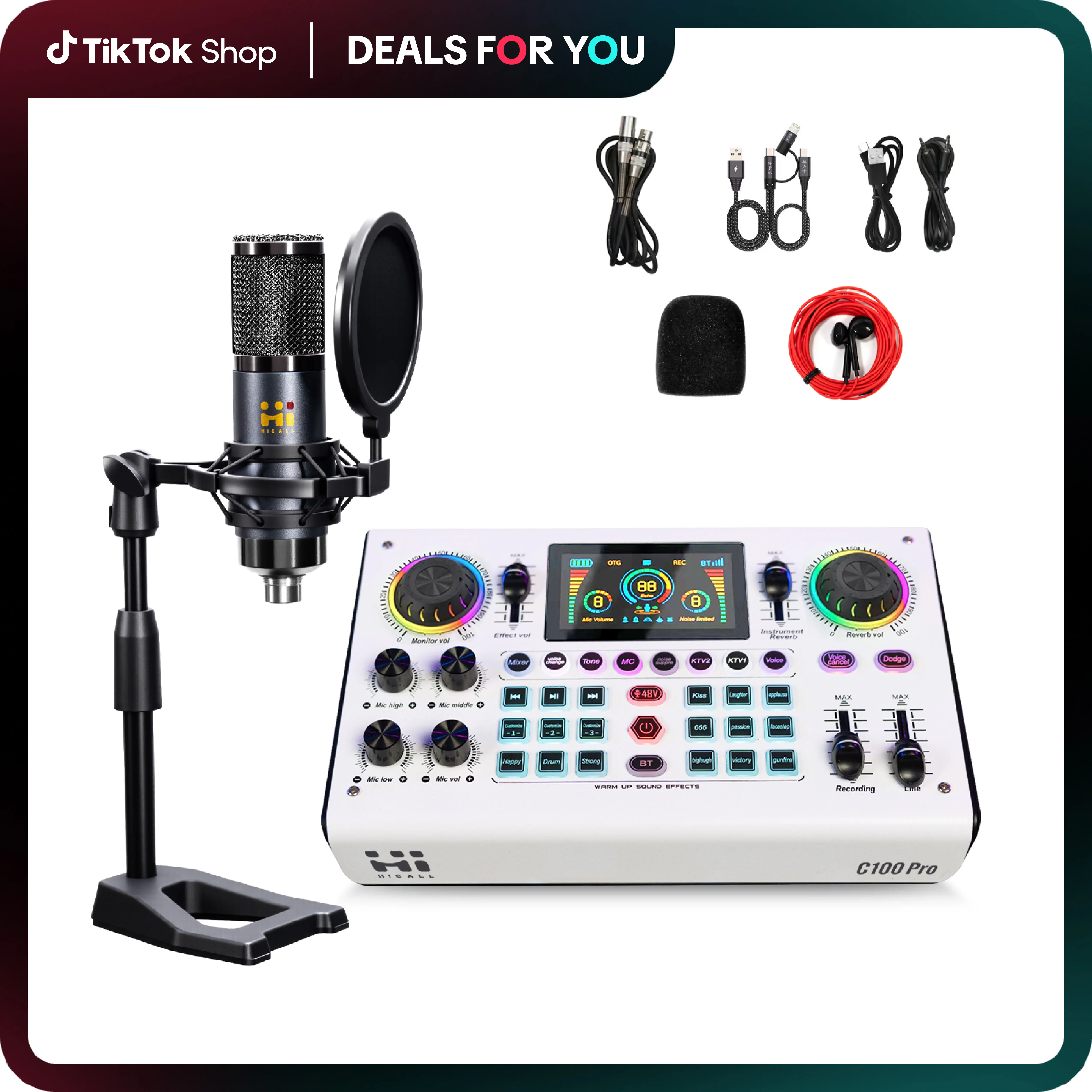 C100PRO audio mixer, 48V digital live sound card, dual DSP chips, high sampling, 3 custom effects, sing along, instrument reverb, digital display, noise reduction, RGB lights