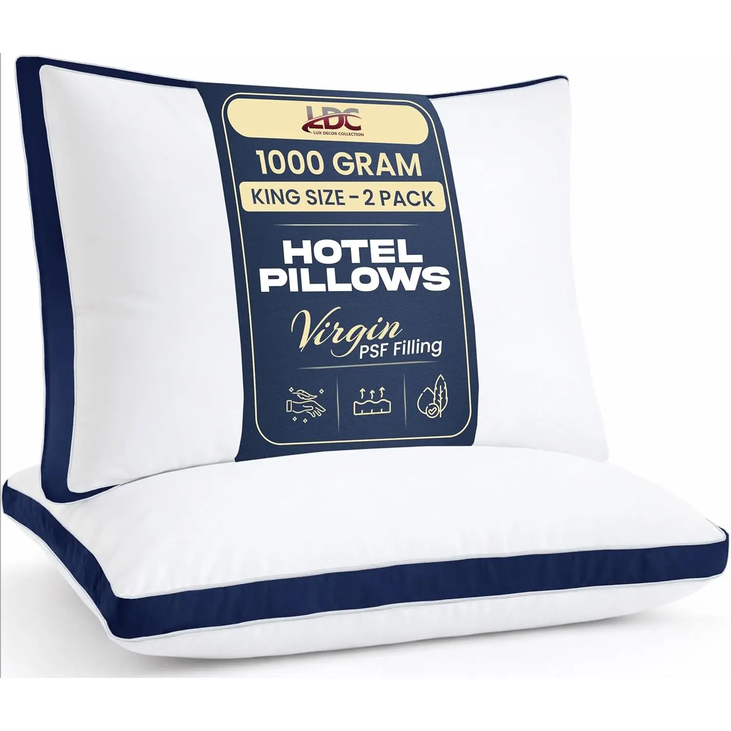LUX Gusseted Style Soft Hotel Pillows Set of 2 – for Side, Stomach & Back Sleepers - Down Alternative Hotel Bed Pillows – 100% Microfiber Cover, Virgin PSF Fill – Navy, Queen 26x18