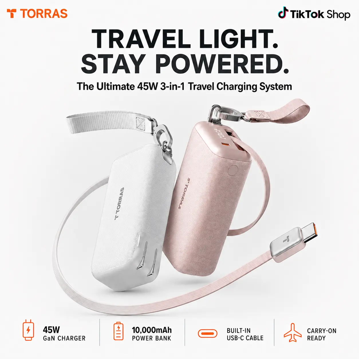 TORRAS PowerGo All-in-One Travel Charger, 45W Fast Charging with 10,000mAh Power Bank, Built-In 3.3ft Retractable USB-C Cable & Hook for iPhone, iPad, MacBook, Galaxy