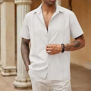 Coofandy B men's button up shirt, loose pleated short sleeved casual shirt, Cuban style personalized shirt, summer daily slim fit comfortable stand up collar vacation casual shirt, classic linen soft top breathable daily form Menswear al shirt for men