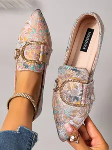 Women's New Floral Embroidered Ballet Flats, Rhinestone Buckle Decor, Pointed Toe Low Heel Shoes, Comfortable Soft Anti-Slip Wear-Resistant
