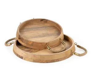 HomeRoots Set of Two Brown Round Solid Wood Serving Trays